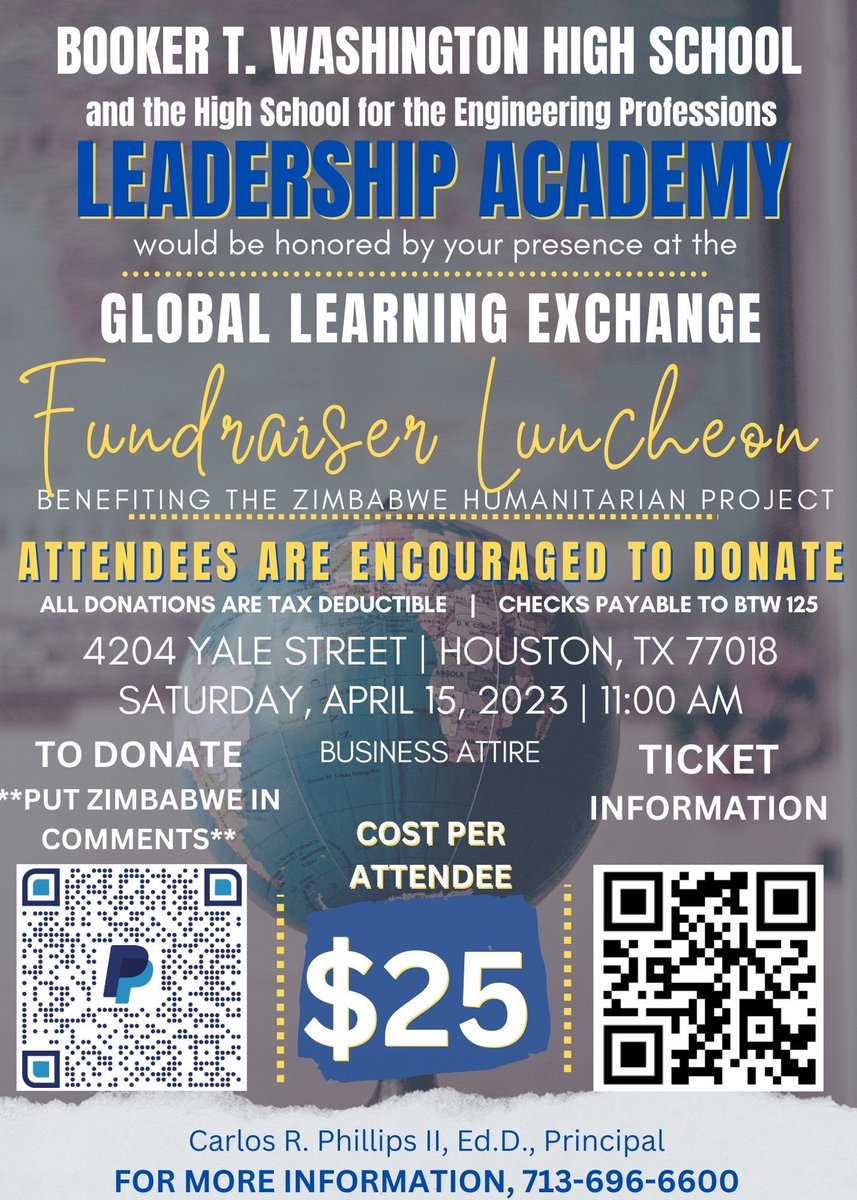 MrSmithMEd1's tweet photo. Our scholars at @BTW_Houston did an outstanding job today at our #FundraisingLucheon hosted in hopes of raising 51,000 to travel to #Zimbabwe for #HumanitarianEfforts . We didn't reach that goal today, but there is STILL time for you to support!
#GlobalLearningExchange #GLE #BTW https://t.co/PtIox6bwp9