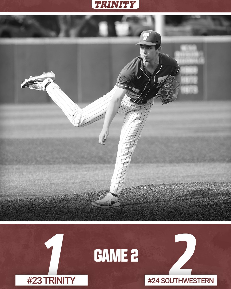 No. 23 @TrinityTigersB2 drop both games of Saturday's DH at No. 24 Southwestern to close the weekend. #TigerPride #SCACbsb

Jackson Teer gave up one run over 5.2 innings to start game one, while Harrison Durow struck out nine batters in 7.0 innings of game two!