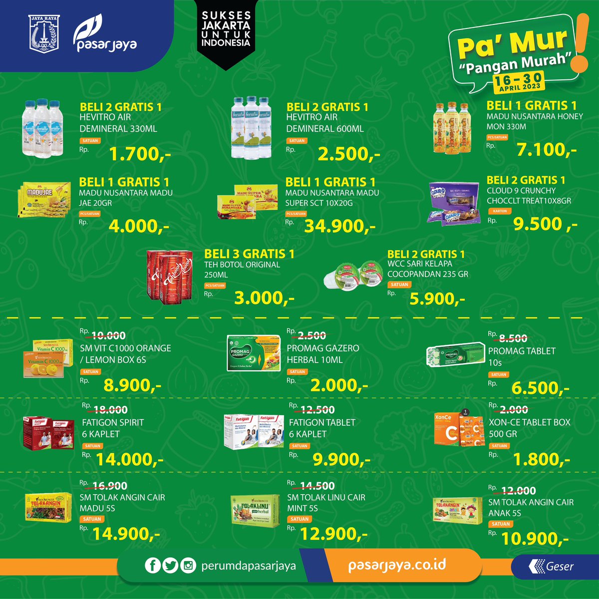 PasarJaya_JKT's tweet photo. Hallo warga DKI Jakarta!

Promo mingguan kini hadir kembali dalam Promo Pa'Mur "Pangan Murah" bulan April di Minggu Ketiga!

Berikut promo #PaMur yang tersedia di Gerai #JakGrosir #JakMart &amp; #MiniDC Perumda Pasar Jaya. https://t.co/IyHHNGJWrv