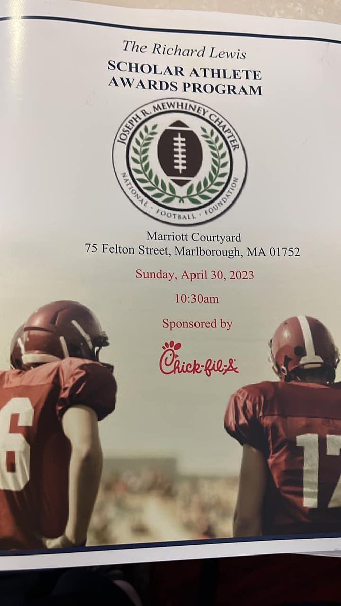 Congratulations to Bobby Humphrey on receiving an award from the Joseph Mewhiney Chapter of the National football Foundation Hall Of Fame.  Bobby received a scholar athlete award. He will be playing football at WPI in the fall.