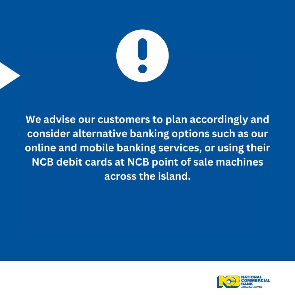 ncbja's tweet photo. Important Advisory for NCB customers in Kingston, St. Andrew, and St. Catherine: 

Due to reduced operations from Beryllium following yesterday's attack, there will be disruptions in our ABM services. https://t.co/UtymOyNgo9