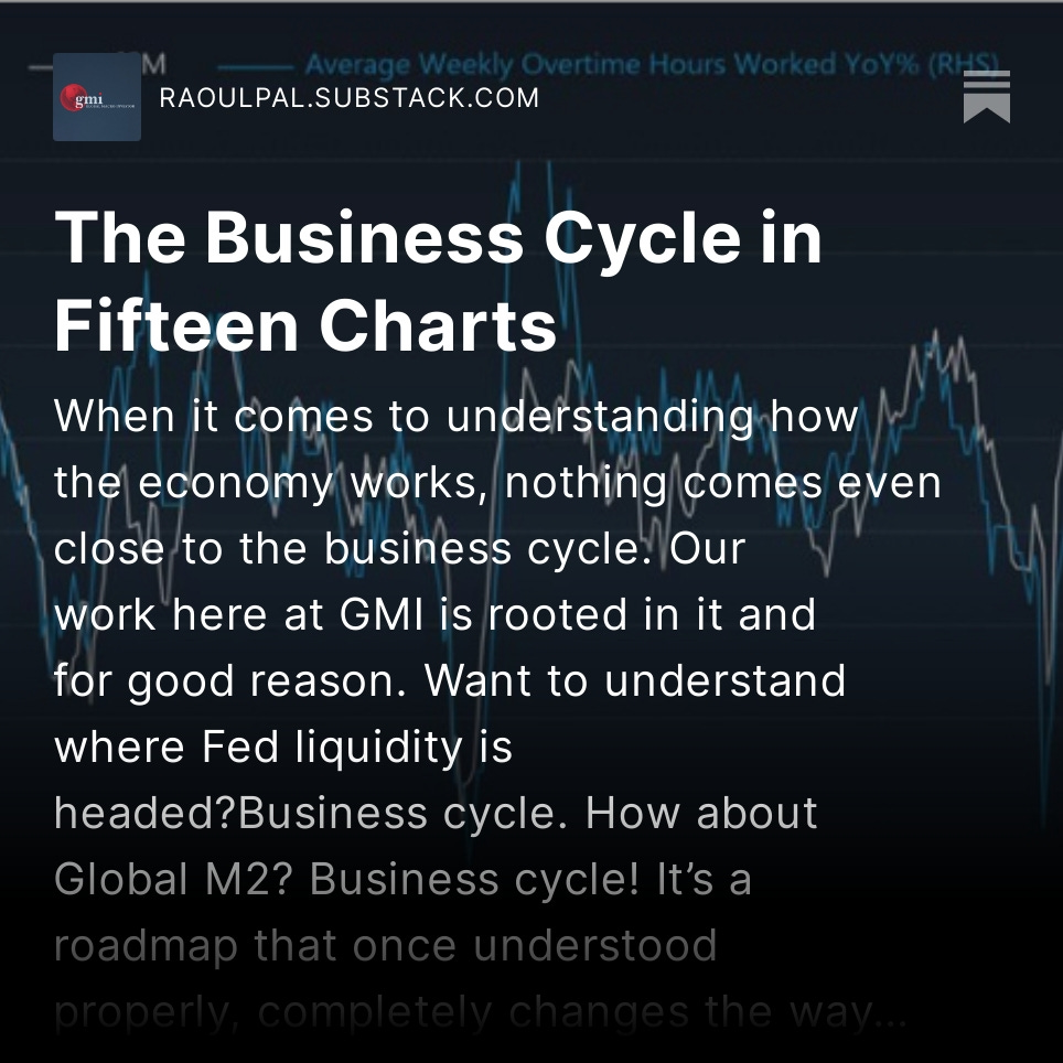 RaoulGMI's tweet image. As many of you know, much of my work is rooted in the business cycle... so, I thought I'd show you where we are in the business cycle using 15 charts.

Spoiler - CPI is about to go into free fall!

Enjoy. rvtv.io/40RHzjz