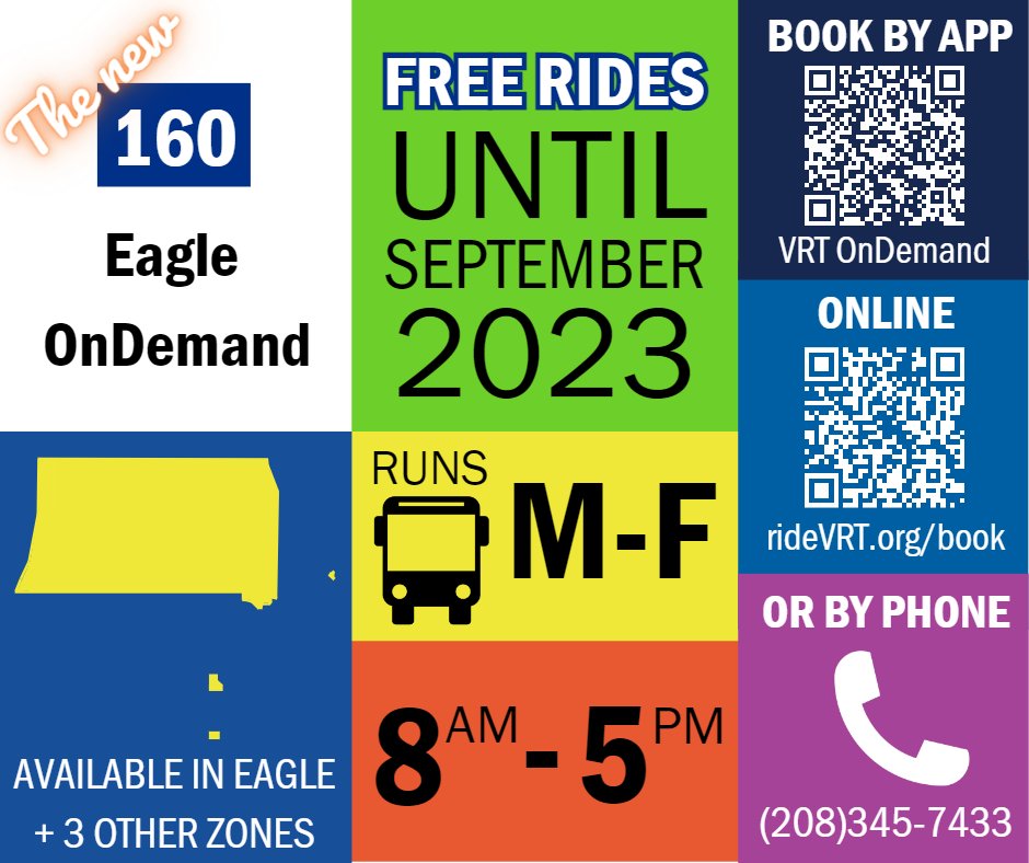 rideVRT's tweet photo. We're excited to bring new transit to the City of Eagle, with free rides until Sept.! Starting tomorrow, the 160 Eagle OnDemand will begin service throughout Eagle and to other Ada County connections. Works like a taxi, rides like a bus - learn more at https://t.co/ZTEglrMlRt! https://t.co/UR9qHOKSMs