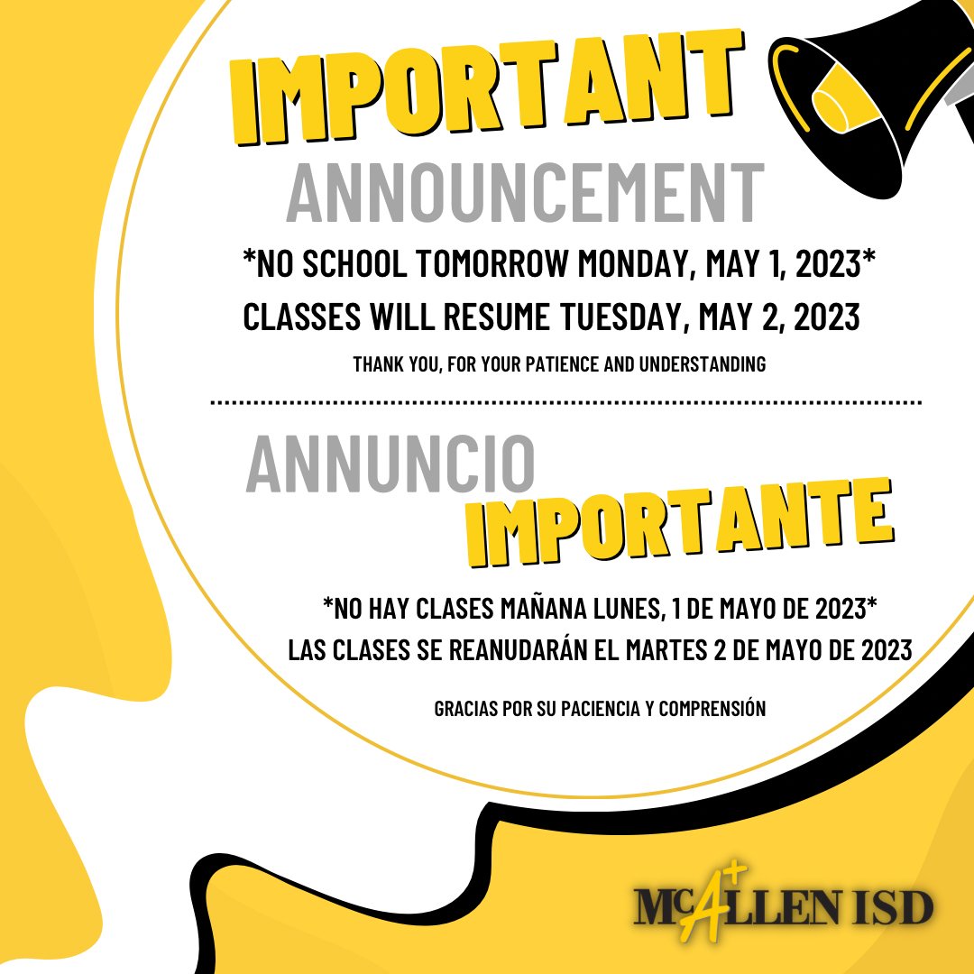 Classes have been cancelled for Monday, May 1, and the entire district will be closed. All staff and students are to remain at home on Monday.

Staff will report to work on Tuesday, May 2. Students will return to school at regular times on Tuesday as well.
