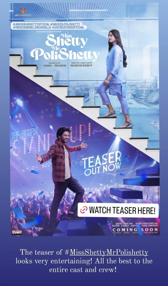 Darlings. Annaya reacts to the teaser of #MissShettyMrPolishetty .Thank you Prabhas annaya . Love you ❤️#MSMPTeaser