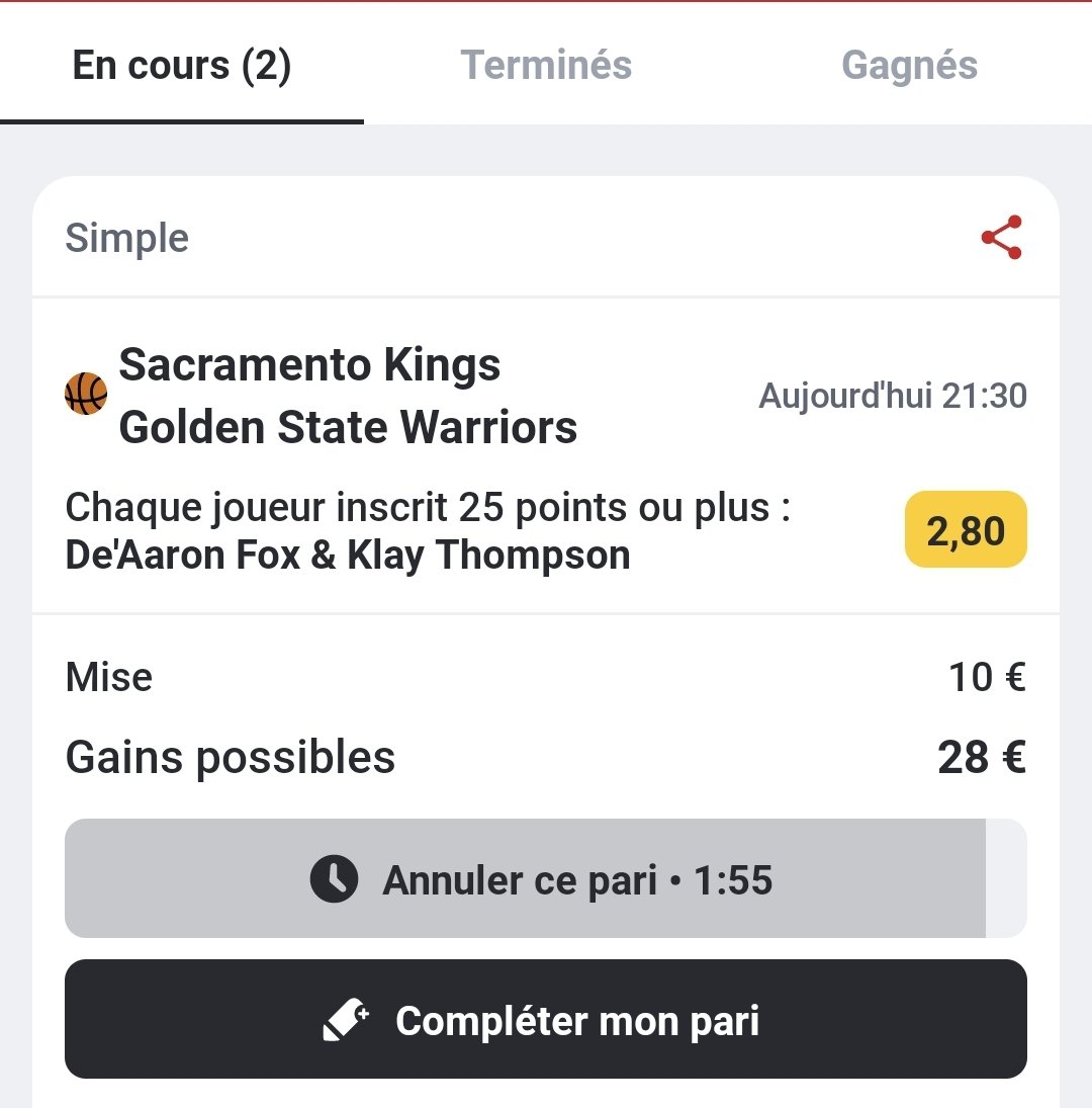 #ROADTO1K

▪ Étape 1⃣ ▪

🏀 Fox &amp; Thompson 25 Points (2,80)

💰10€ ↗ 28€?

Game 7 qui s'annonce explosif, l'élimination est proche pour chacun, ils doivent sortir un gros match qui devrait être assez fort niveau scoring 🙏!

RT &amp; ❤ pour envoyer de la force! #TeamParieur