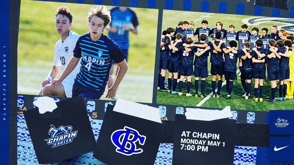 ChapinMSoccer's tweet photo. PLAYOFFS START MONDAY! Chapin hosts Cane Bay in the first round Monday night at 7pm. Come out to Cecil Woolbright and be loud! #eagleson3 #hpc23 https://t.co/oA8OD0kjxl