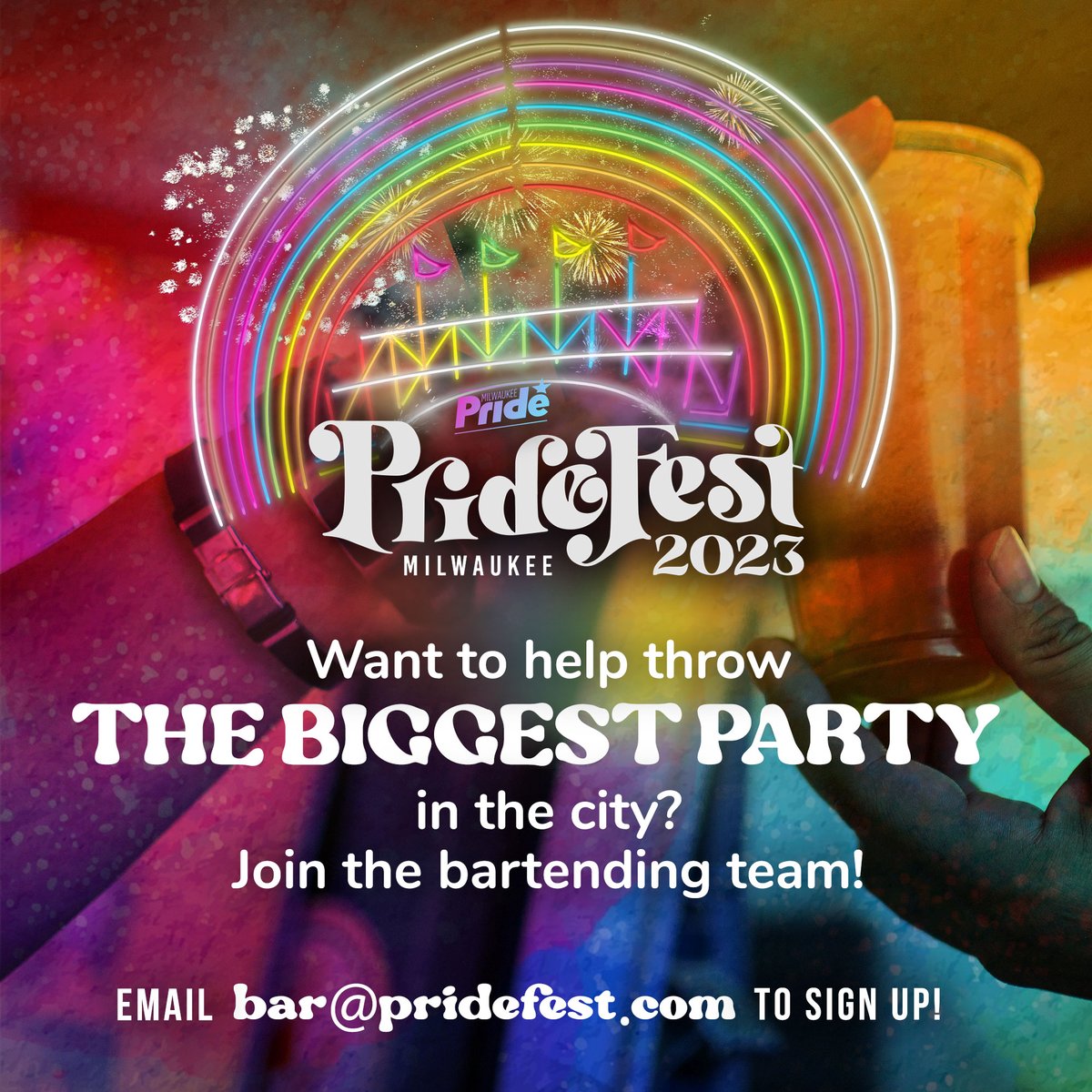 mkepride's tweet photo. Want to bartend at PrideFest?  Our Dance Pavilion and SKYYLine stage cocktail bars put you right in the heart of the action AND entertainment! Don't miss a single act with some of the best vantage points in the park! E-mail Bar@pridefest.com to sign up! https://t.co/b2tTpOVJAB