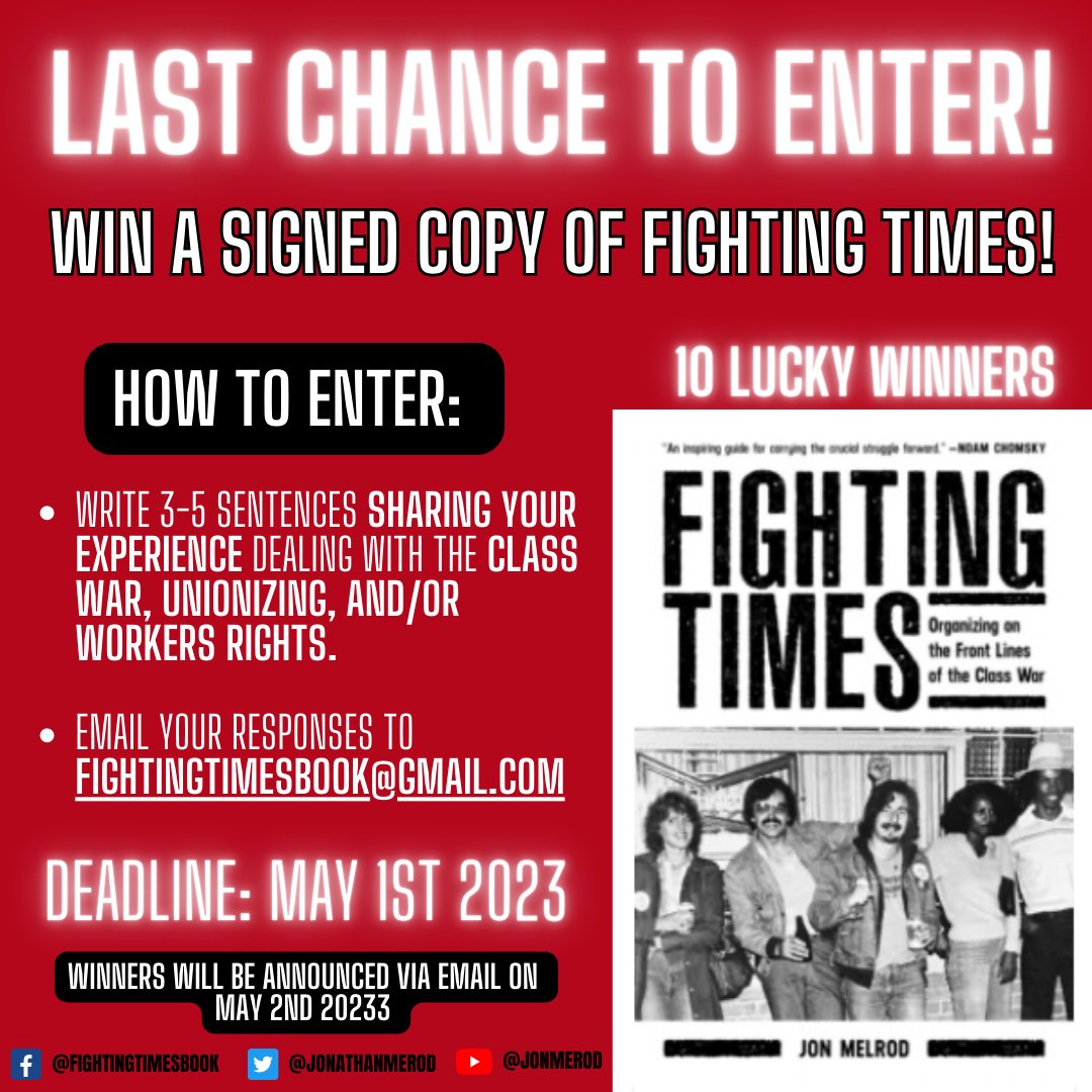JonathanMelrod's tweet photo. Don't miss your LAST chance to win a FREE & signed copy of Fighting Times!
Winners will be announced May 2nd!
#JonMelrod #FightingTimes #union #unionproud #amazonunion #sbworkersunited #starbucksunion #teslaunion #traderjoesunion #appleunion #homedepotunion #workersrights https://t.co/1sl1HHuixX