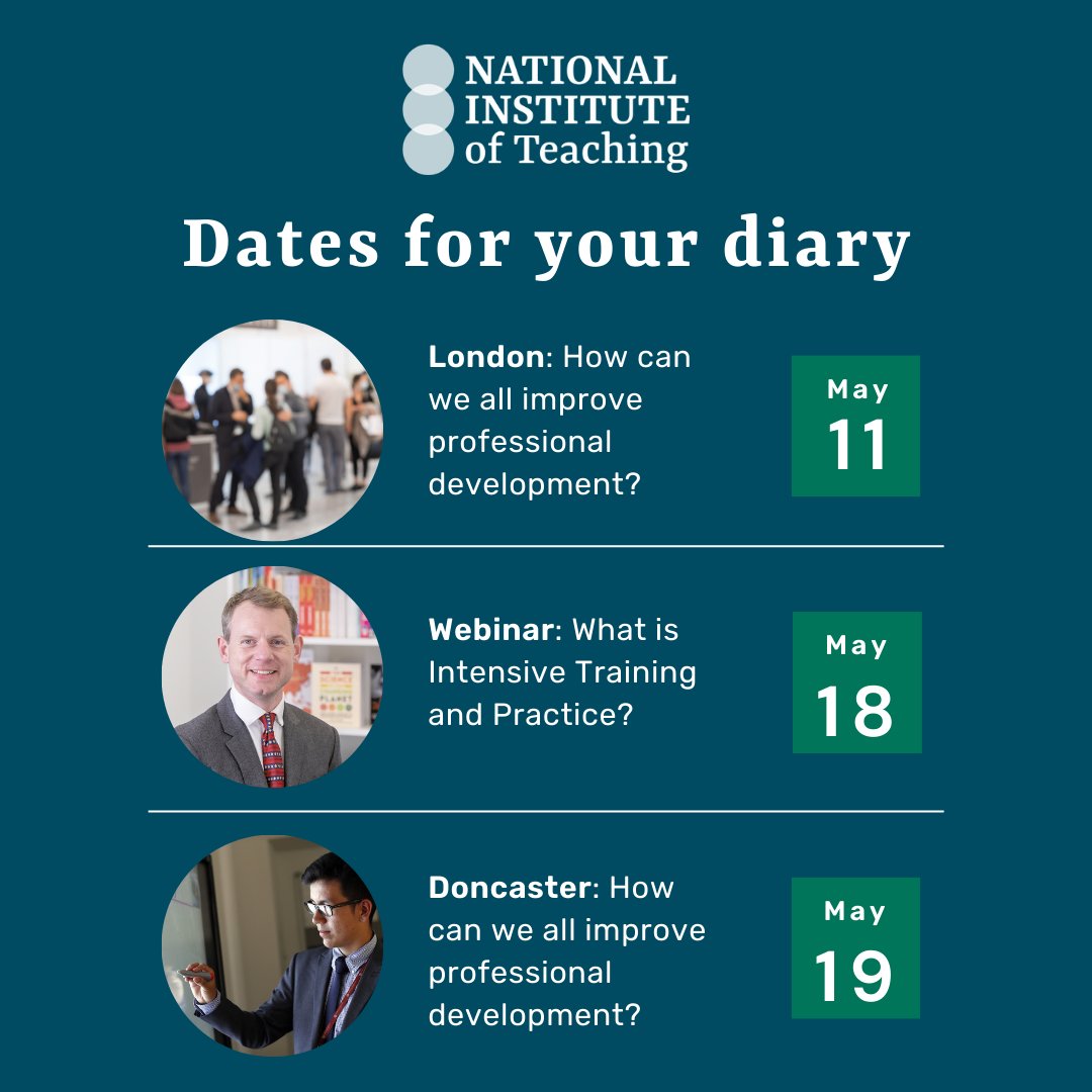 Some dates for your diary:

🗓️11 /19 May: We'll help answer your questions about  teacher development in two dynamic events niot.org.uk/news-events/ho…

🗓️18 May: Join <a href="/CalumDavey/">Calum Davey</a> as he gets under the skin of Intensive Training and Practice niot.org.uk/news-events/wh…

Don't miss out!