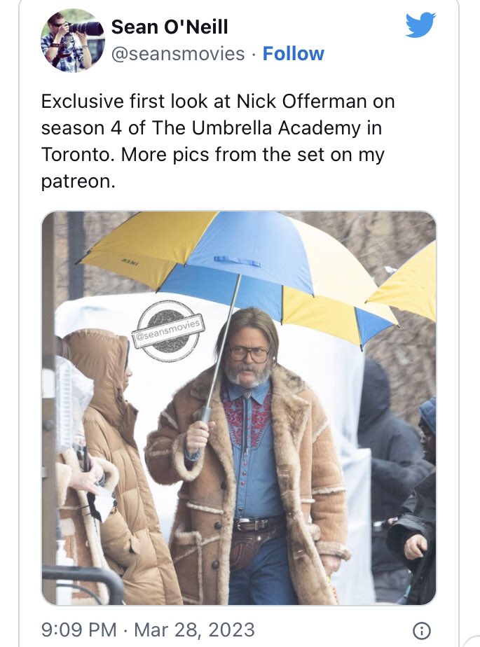 TUABrazil's tweet photo. De um apocalipse para o outro: 

O fotógrafo Sean O’Neill compartilhou imagens de Nick Offerman (The Last of Us) em seu personagem para a quarta e última temporada de The Umbrella Academy. Ansiosos? 

🗞️: O Vício https://t.co/Za9P8n72hD