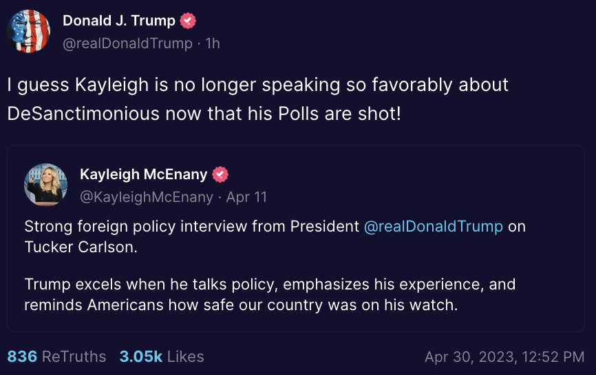 MaxNordau's tweet photo. Dear @kayleighmcenany,

You were one of President Trump's best hires. You defended his administration and haven't said a negative word since it ended.

He just blasted you for also praising Ron DeSantis.

Don't you think we can do better in 2024? https://t.co/jxcUP6uf9s