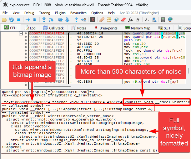 Ever needed to debug code with heavily templated C++ symbols, hundreds of characters in length? This new <a href="/x64dbg/">x64dbg</a> Symbol tl;dr plugin was designed to help with that by showing you a tl;dr with the important parts.
github.com/m417z/x64dbg-s…