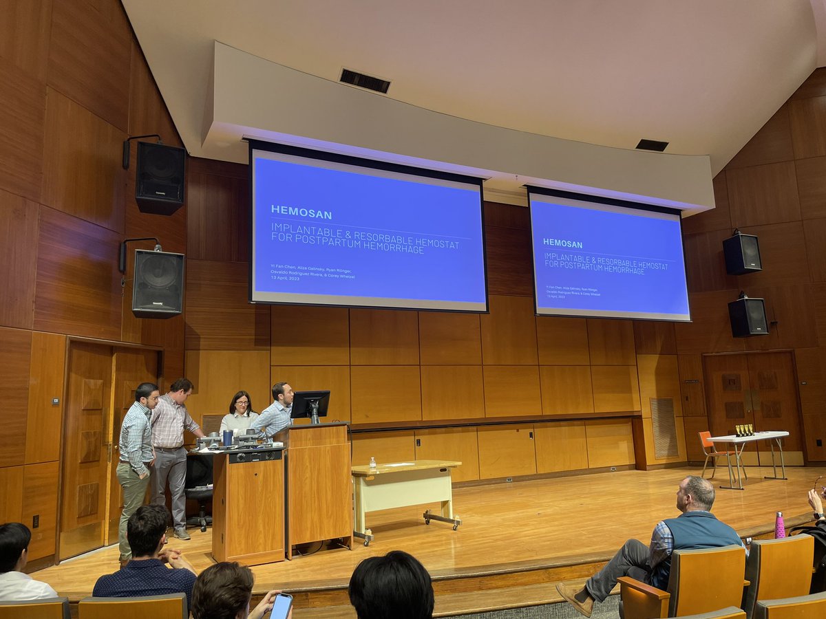 Team A starting things off with their presentation on Hemosan, an implantable and resolvable hemostat for postpartum hemorrhage. Great clinical application with lots of potential!