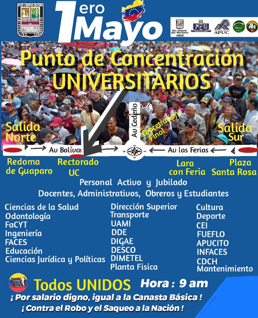 APUCV's tweet photo. El primero de mayo
Todo el país en la calle exigiendo salarios y pensiones dignas. En Caracas nos vemos en Plaza Venezuela para marchar hasta la Fiscalía General de la República en Parque Carabobo.
Hora: 9:00 am

#UCV #01May #SalariosDignosYa #Venezuela https://t.co/g7T5xTyqi4