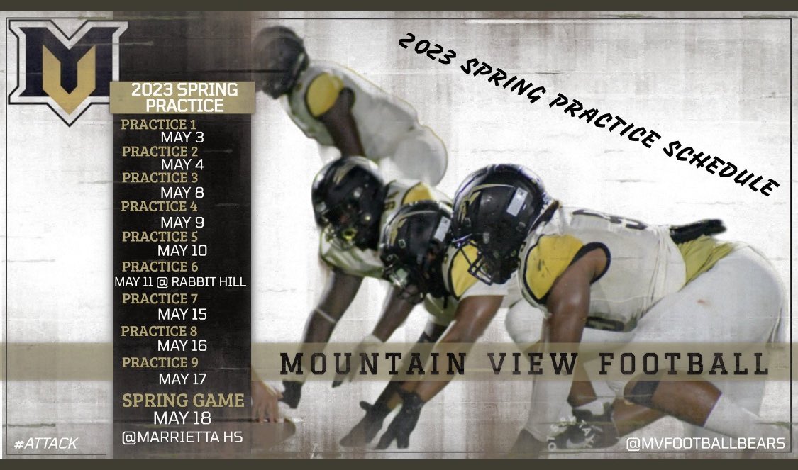 MVFootballBears's tweet image. Practice 3pm-5pm
Athletic period 10:15am-11:45
Night practice May 11th at Rabbit Hill 6pm
Spring Game May 18th 7pm