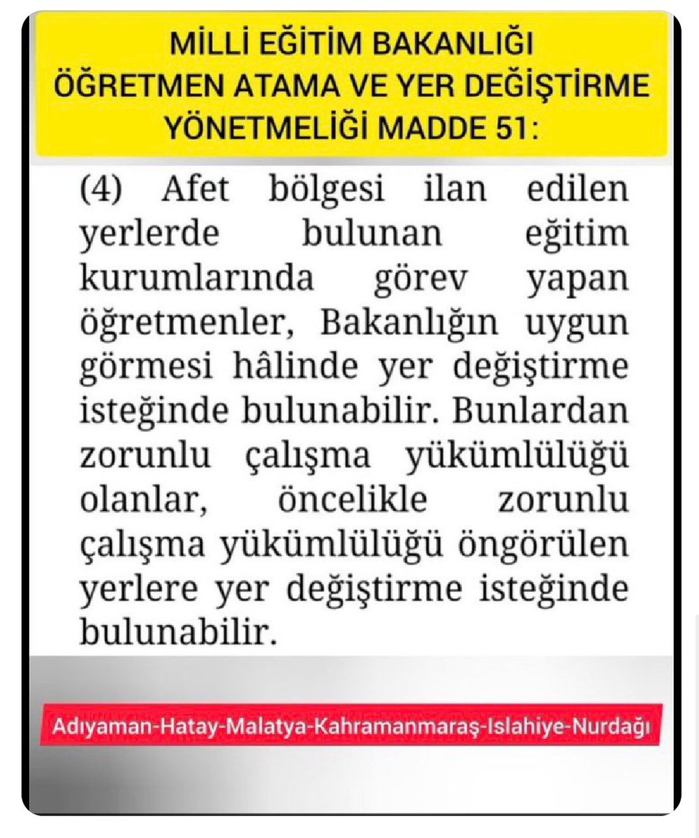 arzugrs's tweet photo. 4 il ve 2 ilçede görevli depremzede öğretmenler olarak tayin bizim de hakkımız.
@tcbestepe 
@RTErdogan 
@Akparti  
@emrullahisler 
@MHP_Bilgi  
@mhpyasarkaradag
#meb4il2ilceyesartsıztayin https://t.co/H3vlQzzo37