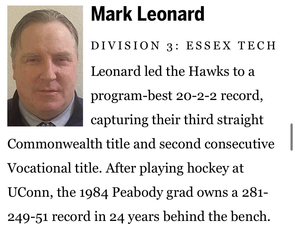 camkerry7's tweet photo. Boston Globe Boys’ Hockey Coaches of the Year:

Division 1: Brian Foley, Pope Francis
Division 2: Brian Shuman, Canton
Division 3: Mark Leonard, Essex Tech
Division 4: Jim Casagrande, Norwell https://t.co/NBCOPrVI9v