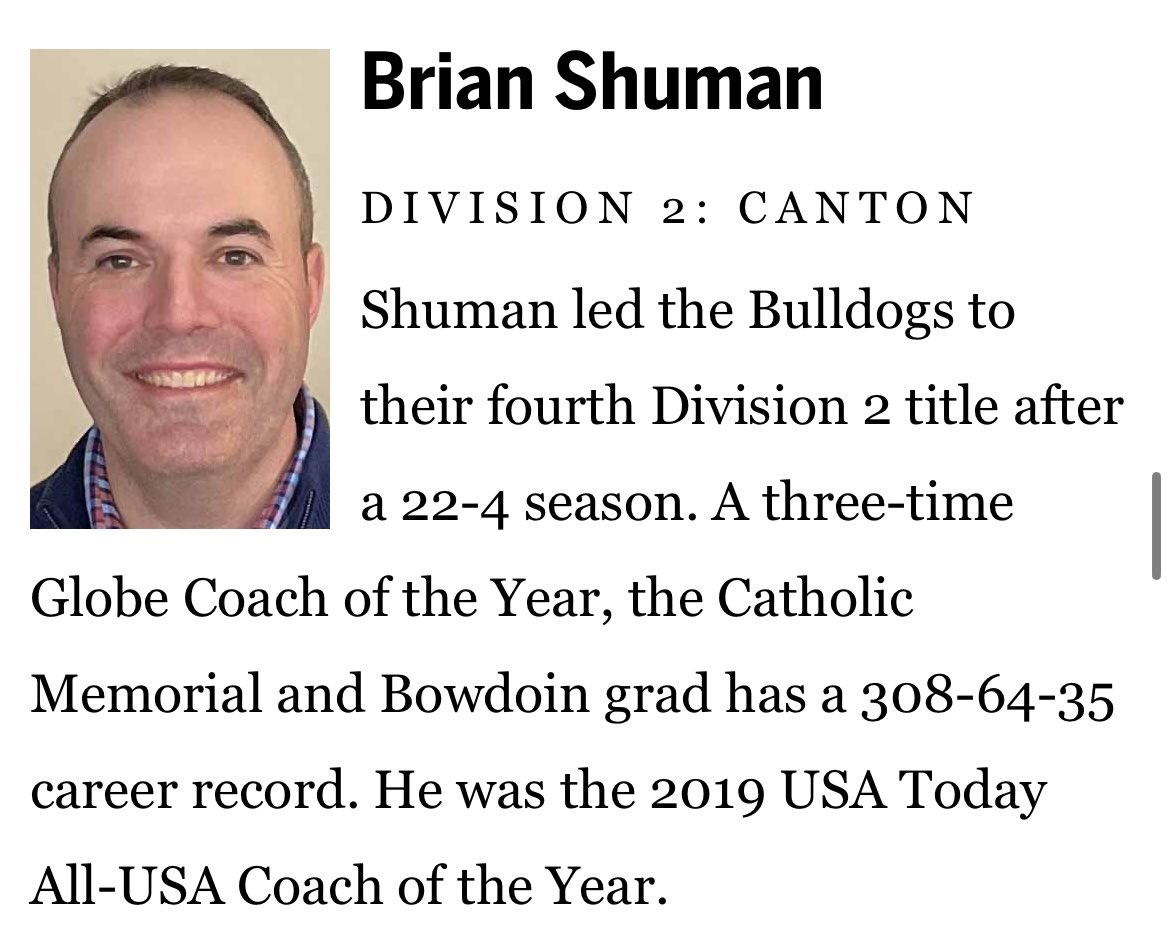 camkerry7's tweet photo. Boston Globe Boys’ Hockey Coaches of the Year:

Division 1: Brian Foley, Pope Francis
Division 2: Brian Shuman, Canton
Division 3: Mark Leonard, Essex Tech
Division 4: Jim Casagrande, Norwell https://t.co/NBCOPrVI9v