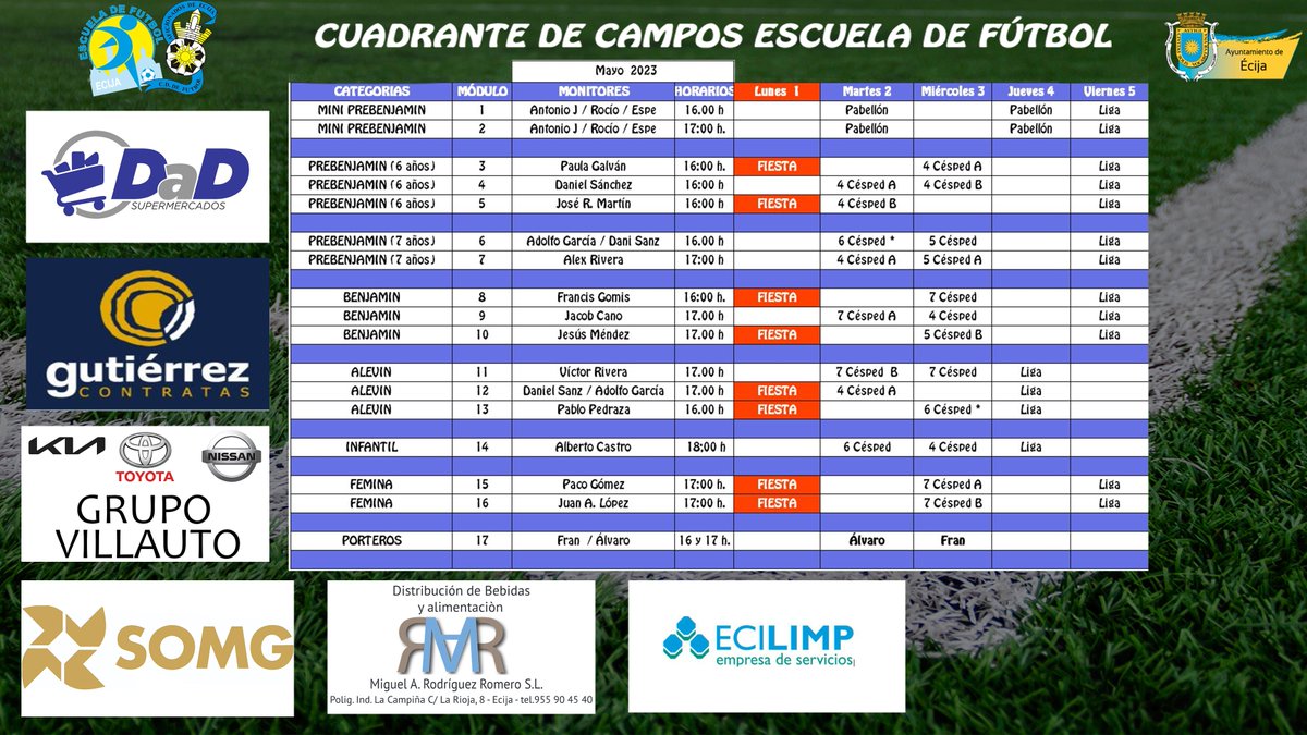 Cuadrante para los módulos de la escuela. Este Lunes no hay estrenos debido al día festivo.