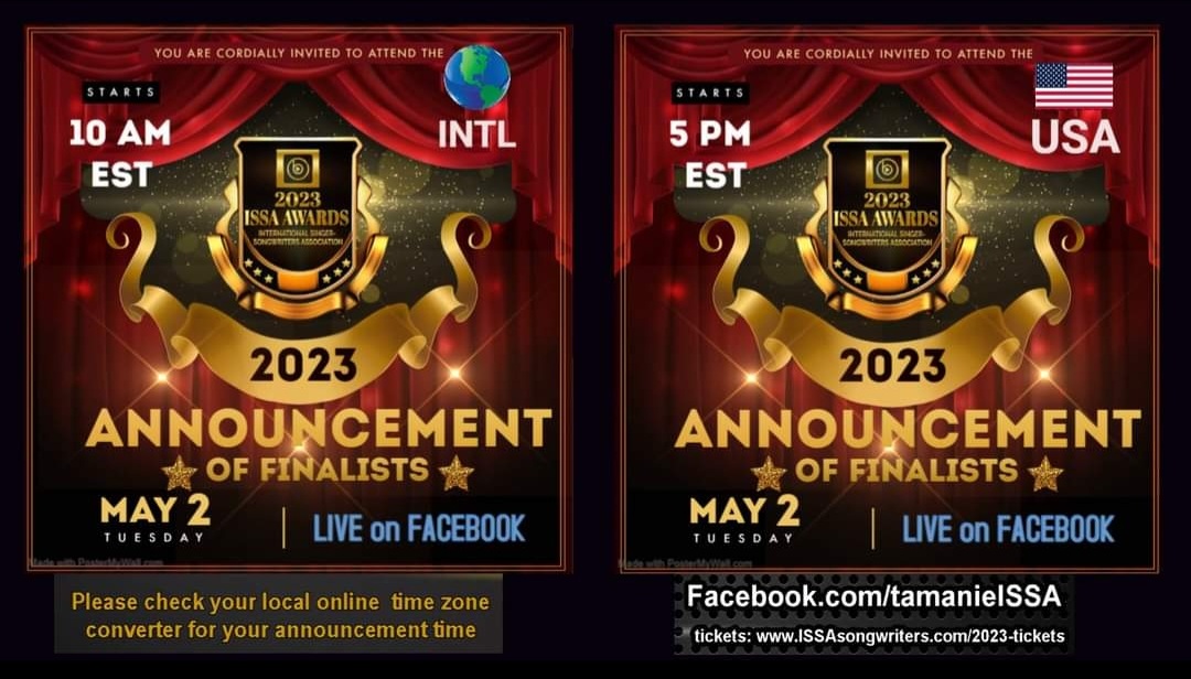 ✅#LAST #DAY to #VOTE! ✅Tonight at #MIDNIGHT is it!!! In just #TWO #DAYS we know the names of our 2023 ISSA Awards #FINALISTS! See you #TUESDAY! 🕙10 a.m. est ____AND___🕔5 p.m. est. 
Here is a link for a time zone converter: time.is/compare
ISSAsongwriters.com/2023vote