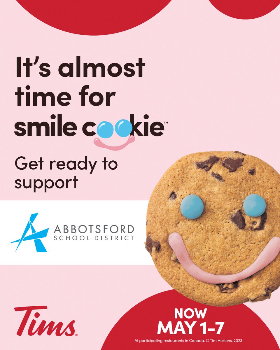 .<a href="/TimHortons/">Tim Hortons</a> Smile Cookie campaign is this week! 100% of the proceeds collected in #Abbotsford will go to our "Back to School" event, providing students and families who need extra support with a backpack of essentials. Buy a smile cookie and support #AbbySchools. 🍪💙