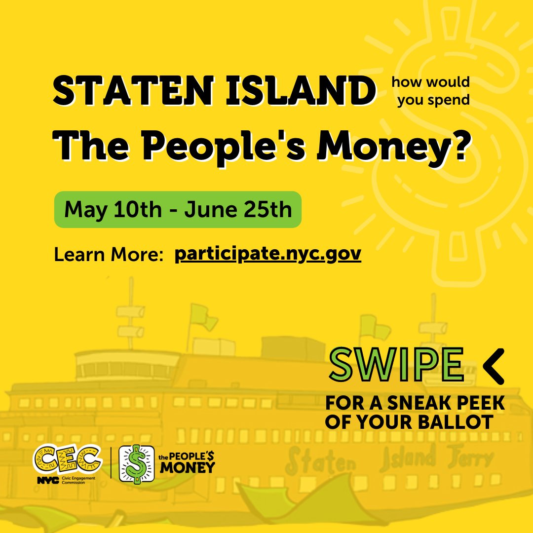 NYCCEC's tweet photo. #ThePeoplesMoney is NYC's first-ever citywide #ParticipatoryBudgeting process! From 5/10 - 6/25, ALL NYers 11 and up can vote on how to spend part of the city budget.

#StatenIsland, we're sharing a sneak peek of the projects on your ballot!🗳️ Learn more: https://t.co/A87iyPpv3l https://t.co/Tt3cEp9foK
