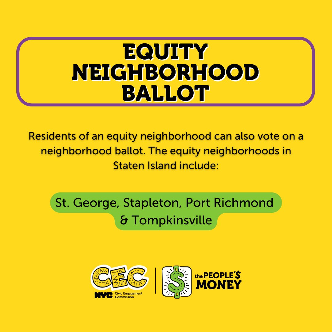 NYCCEC's tweet photo. #ThePeoplesMoney is NYC's first-ever citywide #ParticipatoryBudgeting process! From 5/10 - 6/25, ALL NYers 11 and up can vote on how to spend part of the city budget.

#StatenIsland, we're sharing a sneak peek of the projects on your ballot!🗳️ Learn more: https://t.co/A87iyPpv3l https://t.co/Tt3cEp9foK