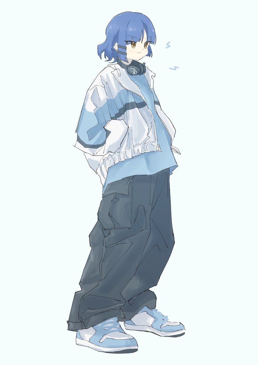1girl solo blue hair pants white background shoes jacket  illustration images