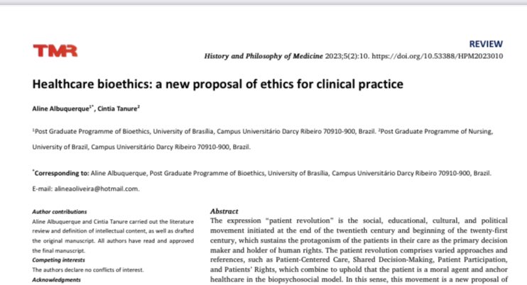 CintiaTanure's tweet image. My new paper with Aline Albuquerque: Healthcare bioethics: a new proposal of ethics for clinical practice. thanks Aline! #patientcentredcare #sharingdecisionmaking tmrjournals.com/public/article…