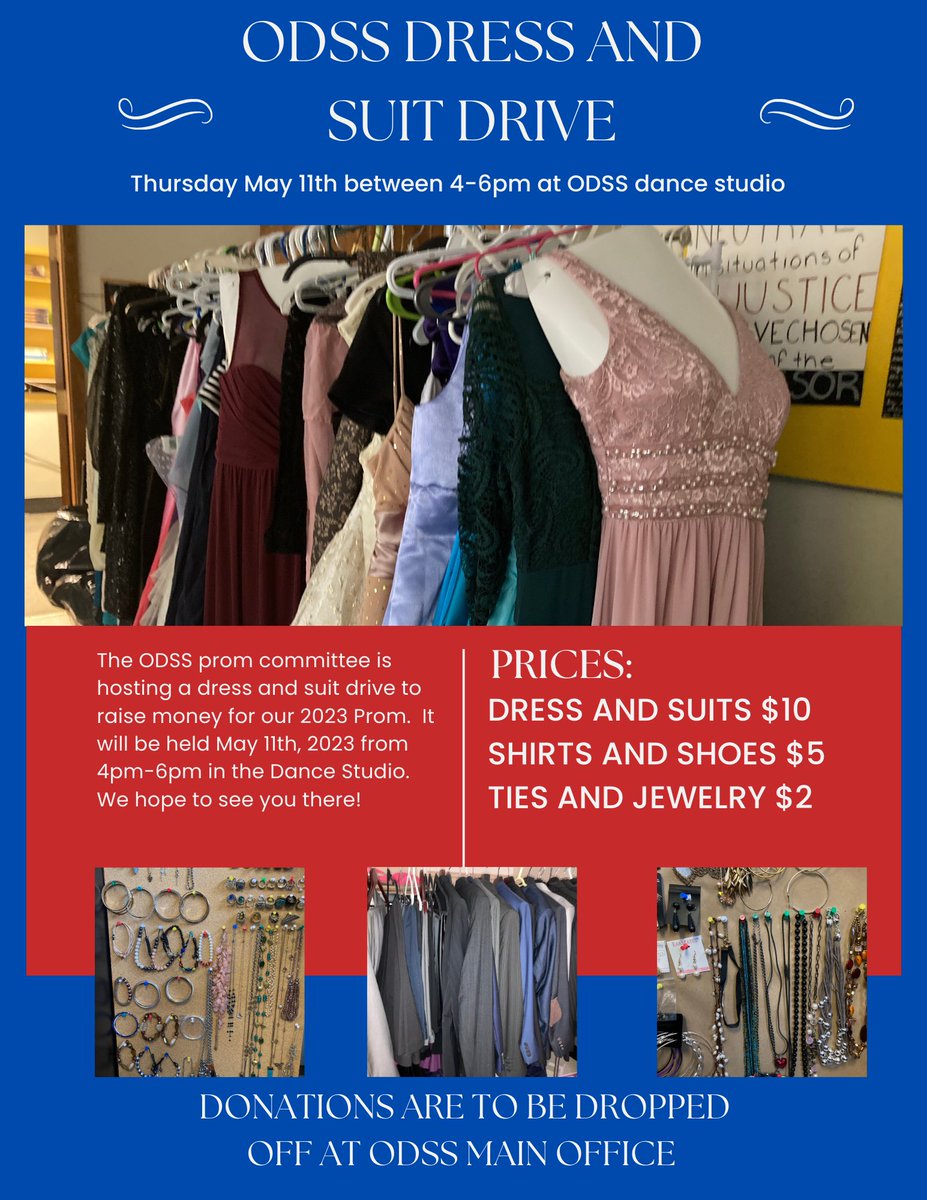 ODSSTurner's tweet photo. Save the date! We’re running a second Dress and Suit Drive May 11th from 4-6pm in the dance studio. We’re still accepting donations if you have suits, dress shirts, dresses, shoes, or jewelry to donate. @margaret_ps @IslandLakePS @credit_es @SpencerAvenueES @ugdsb @OAnnouncements https://t.co/3xj7qLjCwI