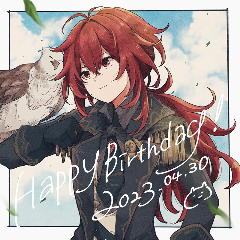 diluc (genshin impact) 1boy red hair male focus red eyes bird long hair gloves  illustration images