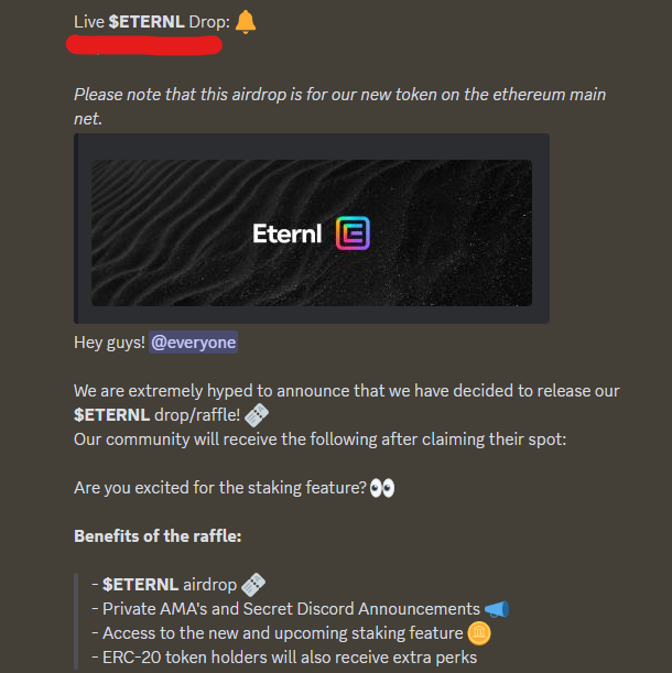 A scam message sent by hackers in the Eternl Wallet Discord server