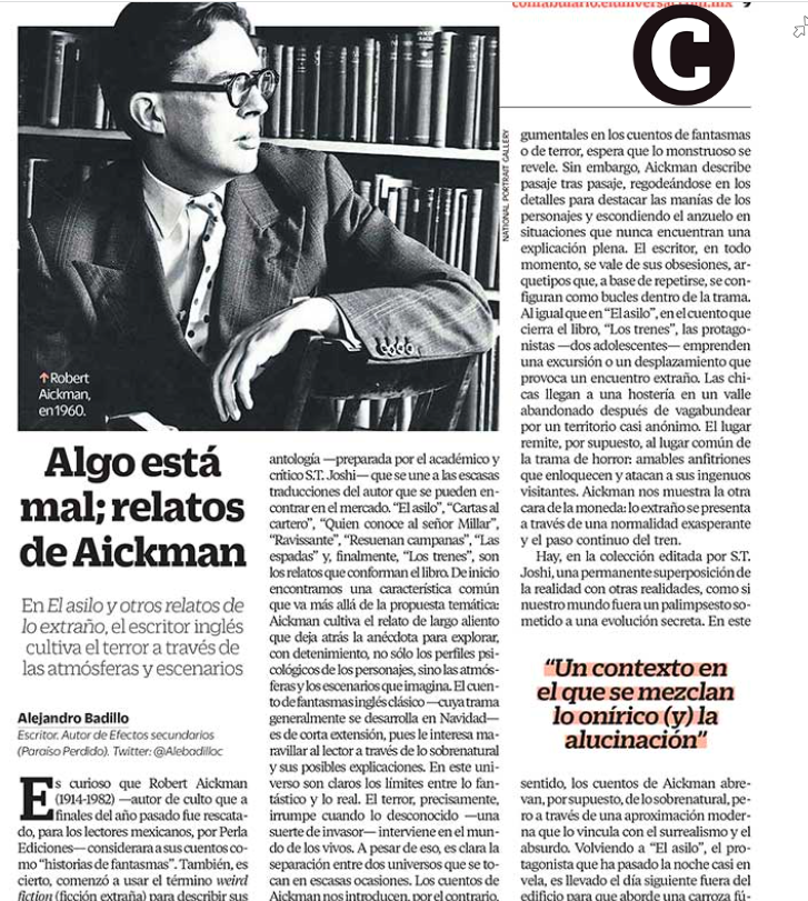 Este domingo <a href="/ConfabularioMx/">Confabulario</a> de <a href="/El_Universal_Mx/">El Universal</a> publica un comentario mío sobre "El asilo y otros relatos de lo extraño" de Robert Aickman editado por <a href="/PerlaEdiciones/">Perla Ediciones</a>. <a href="/wendolinperla/">Wendolín Perla</a> 

Por acá se puede leer👇 
confabulario.eluniversal.com.mx/algo-esta-mal-…