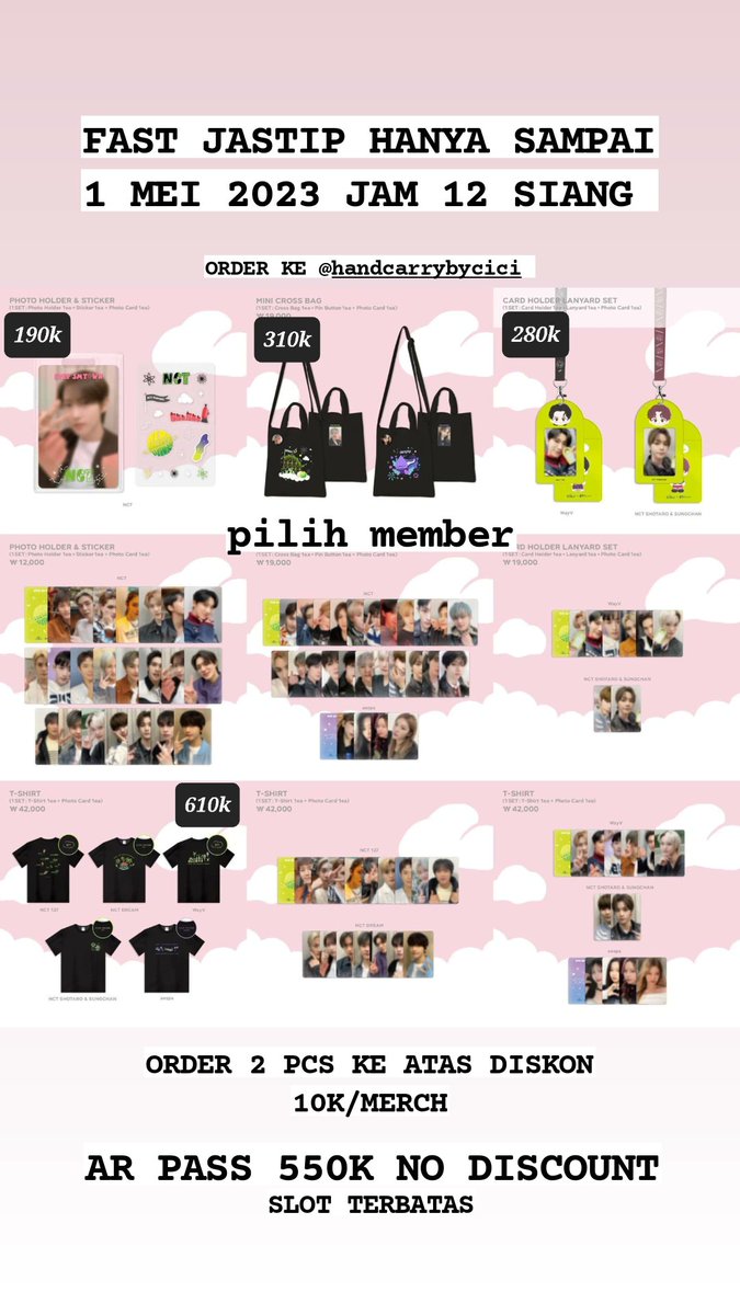 worldforyouu's tweet photo. Jastip NCT AESPA EVERLAND 127 DREAM WAYV

HARGA DIPICT

📌AR Pass 550k
📌Mini cross bag
📌T-shirt
📌Card holder
📌Ballon hairband
📌Photo holder sticker

Visit 1 May

✅pilih member
✅️ BERSIH INA
✅ORDER KE IG @/HANDCARRYBYCICI https://t.co/8aPy4VyW9D