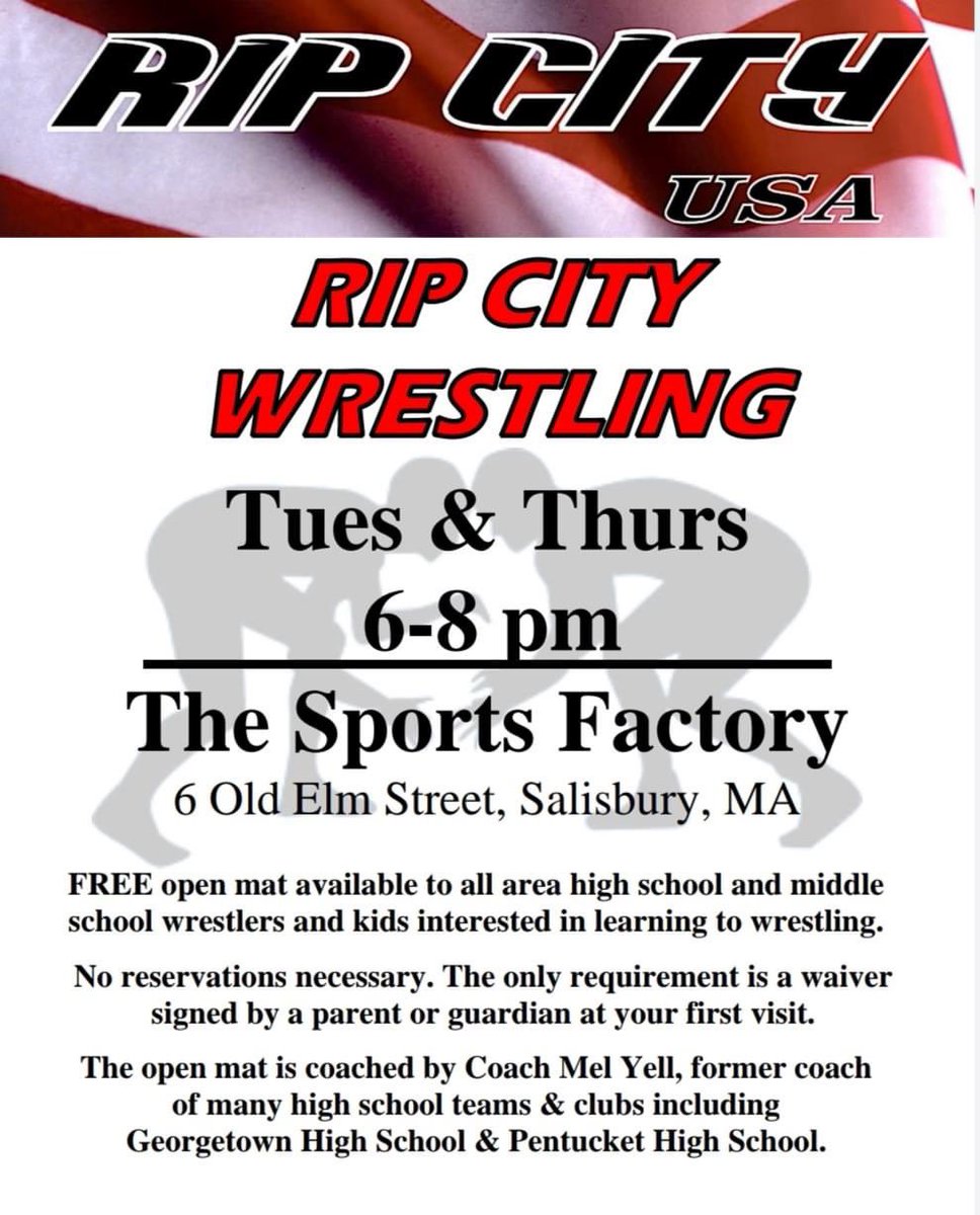 <a href="/bandbwrestling/">MarbleheadSwampscott</a> <a href="/BeverlyWrestlin/">Beverly Wrestling</a> <a href="/RichardDurkin3/">RichDurkin</a> @WarriorWrasslin <a href="/wrestling_salem/">Salem Wrestling</a> <a href="/WrestlingDHS/">DHS Wrestling</a> @ReggieWrestling <a href="/GovsWrestling/">Governor's Wrestling</a> <a href="/JoshWeso/">Josh Wesolowski</a> <a href="/8jakedurkin/">Jake Durkin</a> <a href="/aj_traub/">AJ</a> Free off-season opportunity taught by Mel Yell. Only need a waiver signed on site w parent/or guardian first time