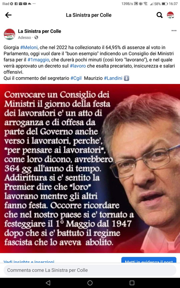 CarlaGommy's tweet photo. "Giorgia #Meloni (con ben il 64,95% di assenze al voto in Parlamento nel 2022) vuol dare il "buon esempio" con un #CdM farsa il #1maggio, che durerà pochi minuti, e che approverà un decreto sul #lavoro che esalta precariato, insicurezza e salari offensivi" #LSpC
#Cgil #Landini ⬇️ https://t.co/gouDLoXRu9