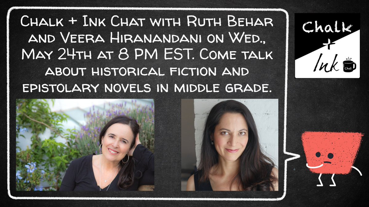 Join Newbery Honor Winner @VeeraHira and Pura Belpre Award Winner @ruthbehar on Chalk + Ink Chat to talk about #historical #fiction in #kidlit, & #timetravel to #Cuba & #Pakistan in the 1940s and the #USA in the 1960s. Sign up here: forms.gle/eP47FJa13RF3Pf… #writingtips #Podcast