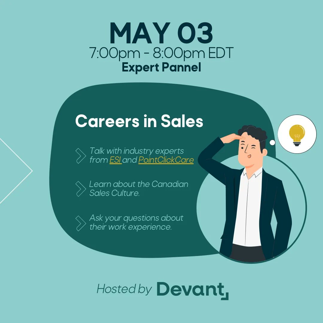 Interested in a career in Sales? Ask Devant's expert panel how they did it! Industry experts from Entrepreneurial Sales Institute & PointClickCare will share their personal career journeys & answer your questions! devant.careercentre.me/resources/even…