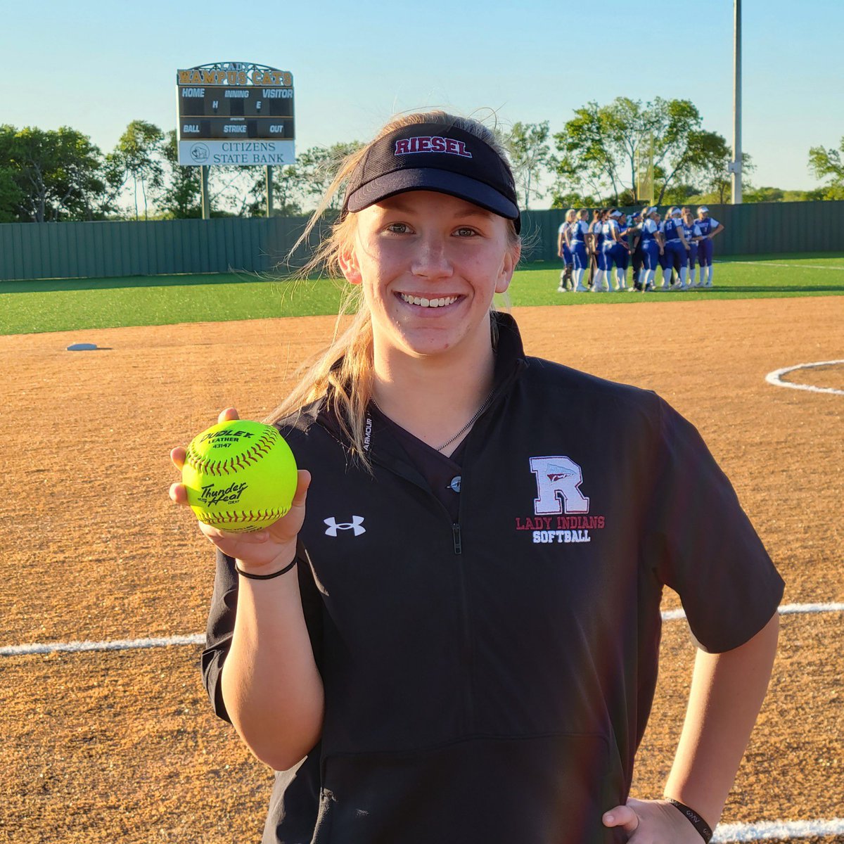 LandriPick's tweet photo. First playoff game of the season and riesel took the win 10-0 against Frost.  @KyleighBenton15 threw a no hitter and I got HR #16 for the season.  Game 2 tomorrow at 6 pm.  @riesel_softball @Jazz16u @ImpactGoldOrg https://t.co/ENv3CcgGcY