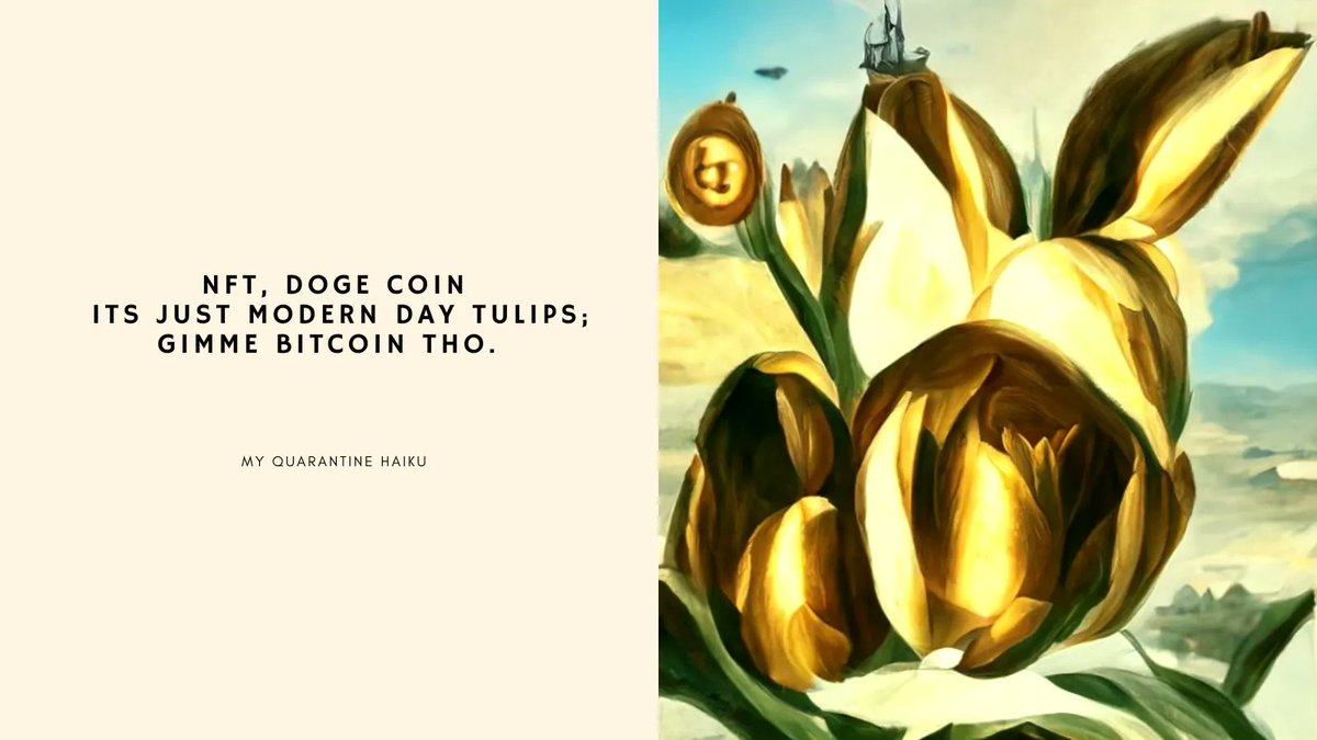itsaboynamedsue's tweet image. NFT, Doge Coin
Its just modern day tulips; 
Gimme bitcoin tho. 

#haiku #myquarantinehaiku #fivesevenfive #aboynamedsue #aigeneratedart #discodiffusion