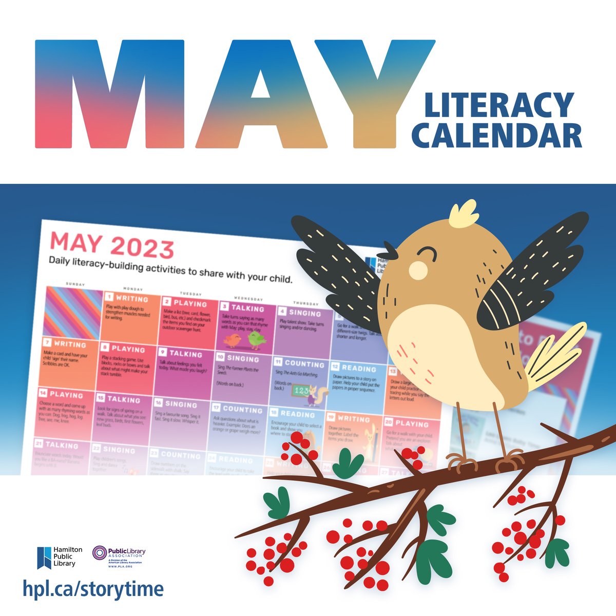 HamiltonLibrary's tweet image. Tweet, Tweet! The May Literacy Calendar has landed and is ready for downloading. Print a copy and stick to your fridge; follow along with the daily suggested literacy-building activities. #HamOnt
hpl.ca/storytime