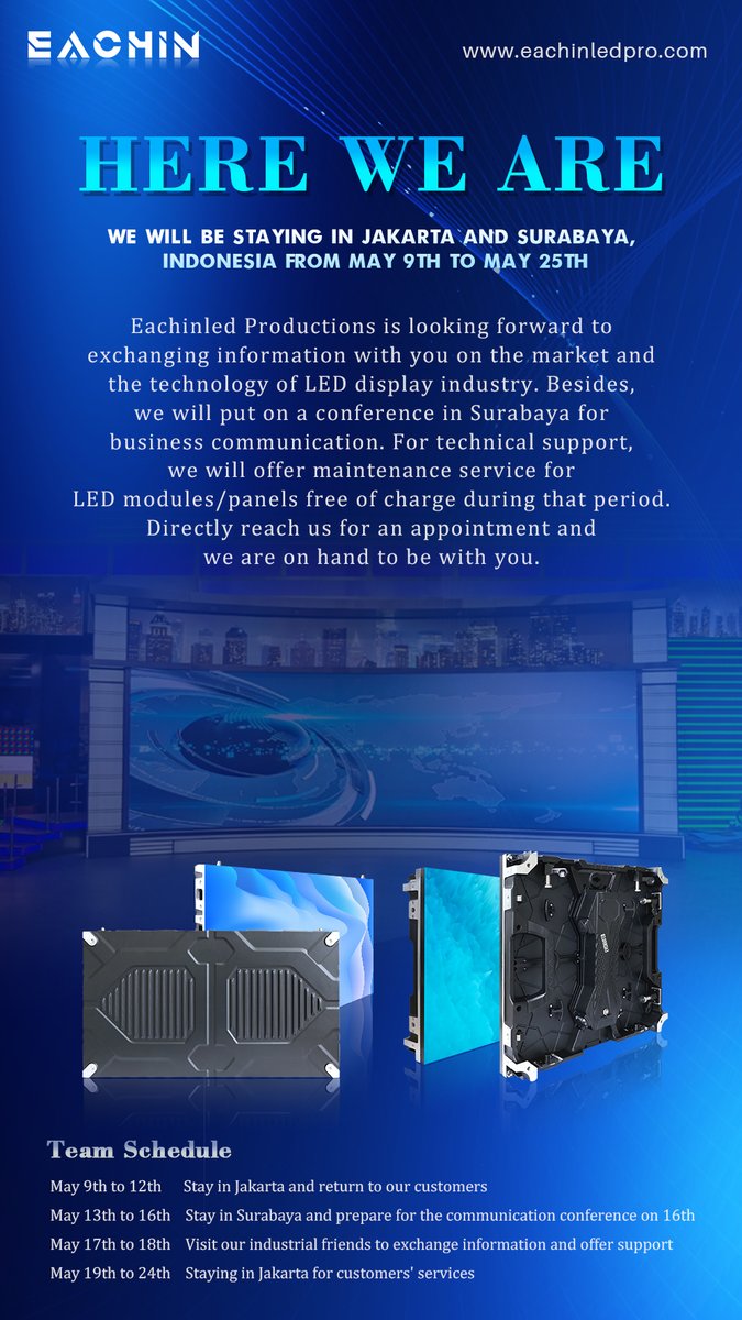 AliceYuefeng's tweet image. Eachin Team will start the 2nd business trip to Indonesia and stay in Jakarta and Surabaya from the 8th to the 25th of May. Welcome to meet face to face, don't hesitate to get in touch with us in advance. See you! #ledvideo #ledwall #Eachin #Indonesia #Jakarta #Surabaya #sewa
