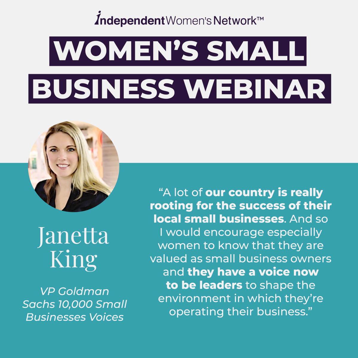 IWN's tweet photo. Female entrepreneurs should feel empowered! 👏👏👏

@GoldmanSachs' @janetta_king joined our Small Business Webinar to explore the success of women-owned businesses and discuss solutions to help them overcome some of their challenges. Watch now ⤵️
https://t.co/DnRChzoafO https://t.co/JU8VspBAfX