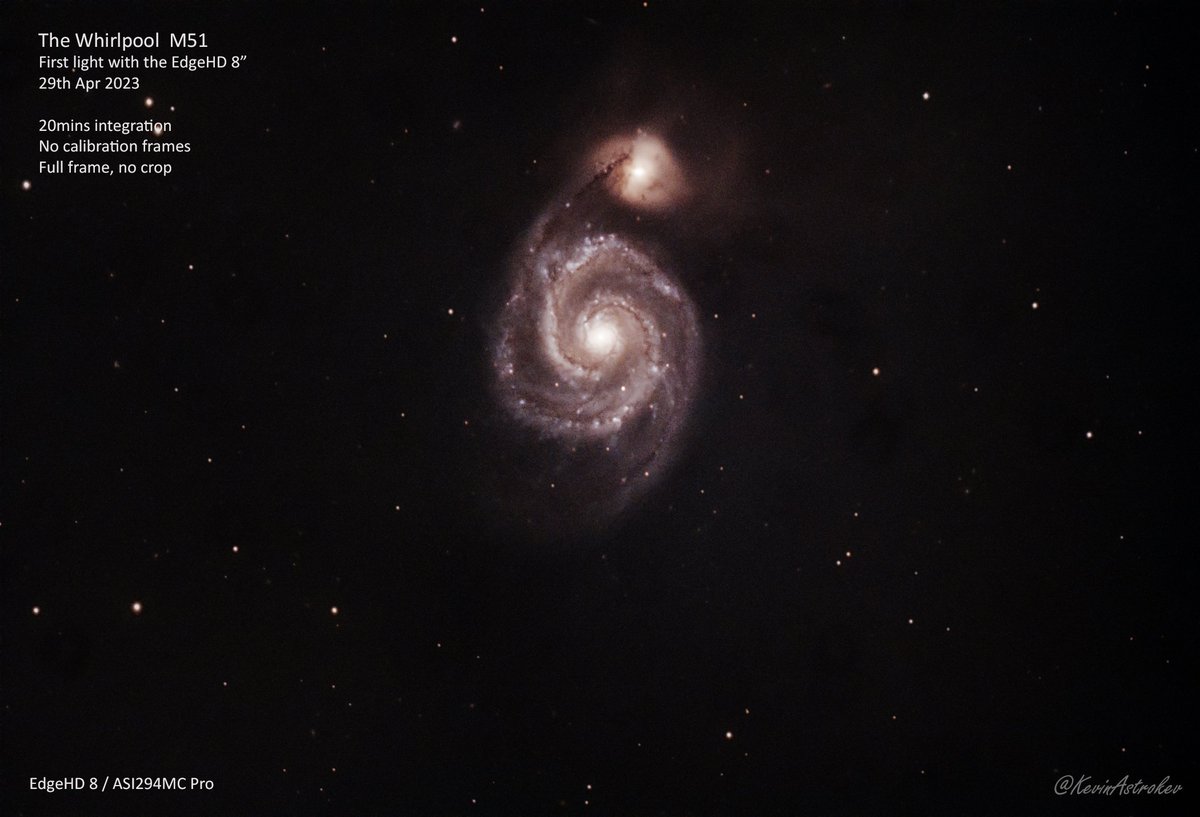 KevinAstrokev's tweet photo. First light on the EdgeHD 8.
A quick process of 10 x 120s subs.

Quite pleased as a first go, with only 20mins integration.

Full frame, no cropping.
No cal files.

#Firstlight #astrophotography https://t.co/BqxHsoHdhO