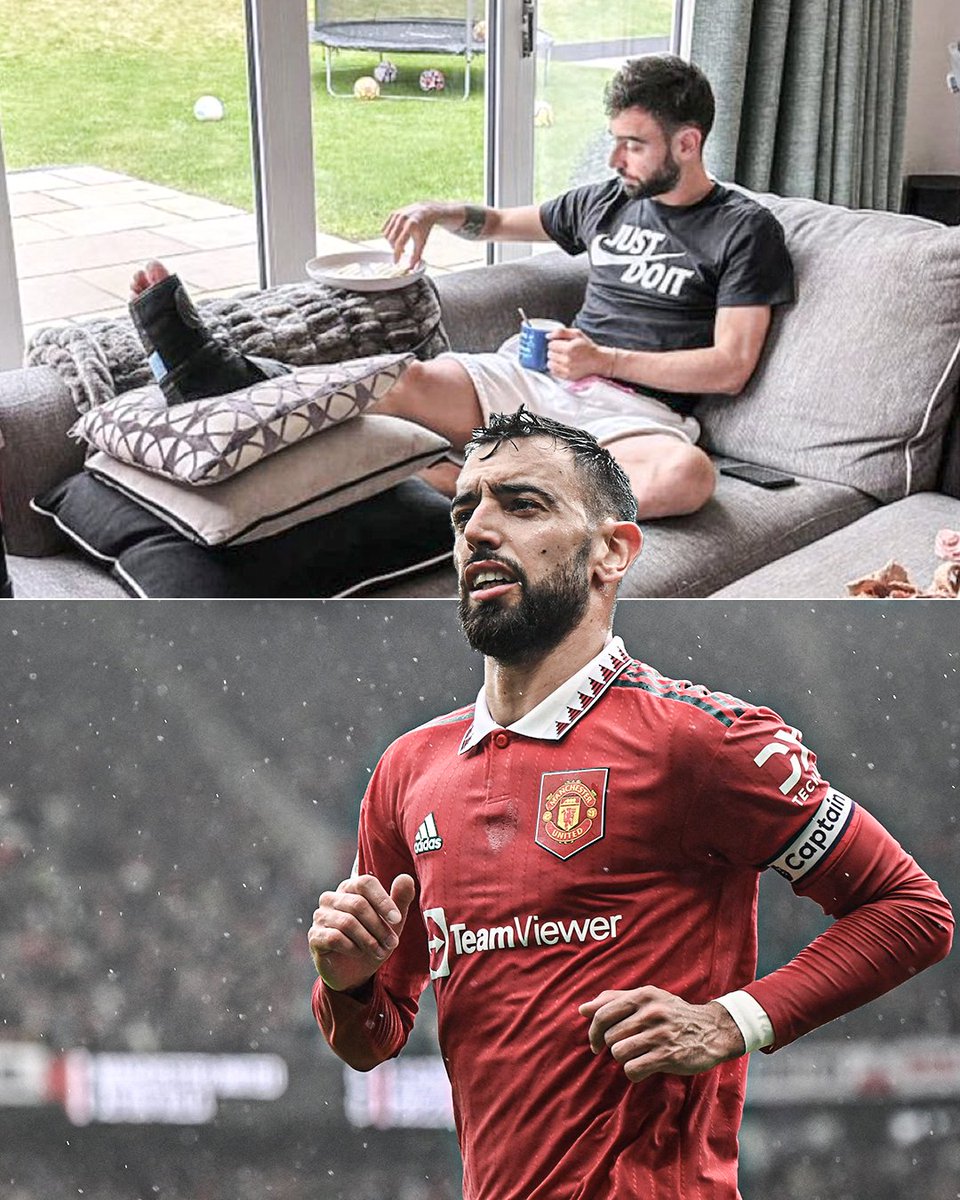 ESPNFC's tweet photo. It's been less than a week since we saw this picture of Bruno Fernandes recovering in a protective boot.

Since then, he's played 180 mins of football, registering an assist against Tottenham and scoring the match winner against Aston Villa.

Built different 💪 https://t.co/LMdiwgVU0K