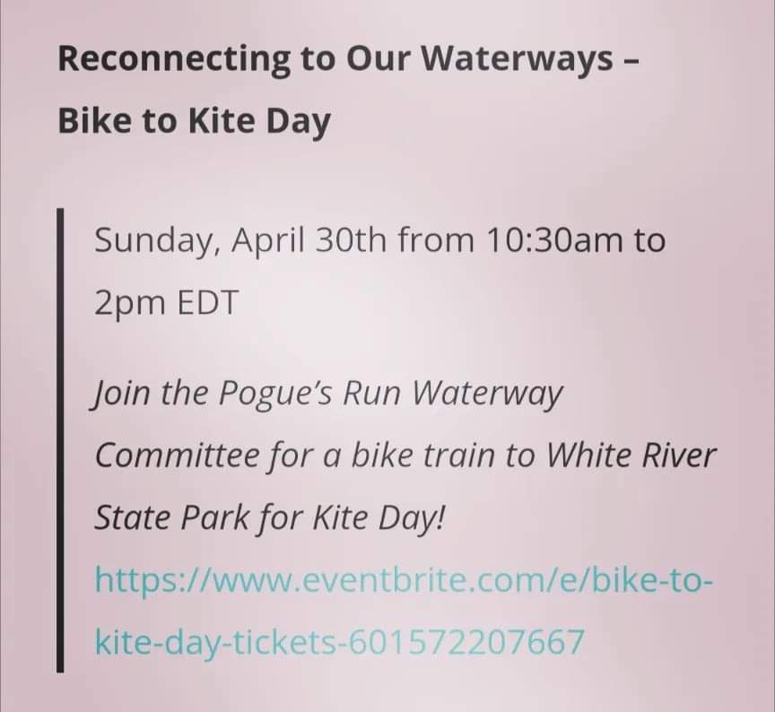 Indiana Sciences (@indianasciences) on Twitter photo Join our friends at <a href="/ourwaterways/">Reconnecting to Our Waterways</a> for Bike to Kite Day!
Join the Pogue’s Run Waterway Committee for a bike train to <a href="/WhiteRiverStPrk/">White River State Park🌿</a> for Kite Day!
Sunday, April 30th from 10:30am to 2pm EDT
eventbrite.com/e/bike-to-kite… Join our friends at <a href="/ourwaterways/">Reconnecting to Our Waterways</a> for Bike to Kite Day!
Join the Pogue’s Run Waterway Committee for a bike train to <a href="/WhiteRiverStPrk/">White River State Park🌿</a> for Kite Day!
Sunday, April 30th from 10:30am to 2pm EDT
eventbrite.com/e/bike-to-kite…