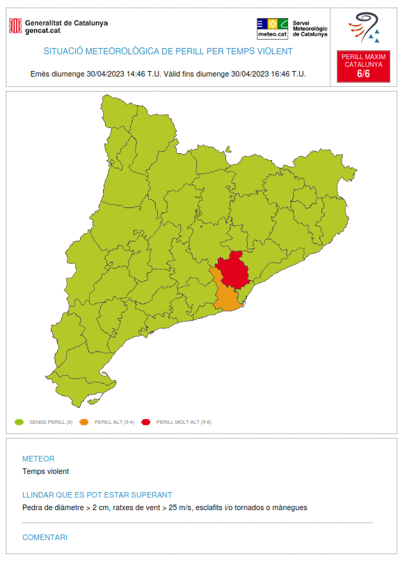 meteocat's tweet photo. El Servei Meteorològic de Catalunya emet avís per temps violent (#avisosSMP) ⚠
➡ Avui diumenge des d'ara fins 18:46 h.

➡ Possibilitat de pedra de diàmetre > 2 cm, ratxes de vent > 25 m/s, esclafits i/o
tornados o mànegues.

➡ Grau de perill màx. 🔴 6/6 https://t.co/bZLMFlxCkD