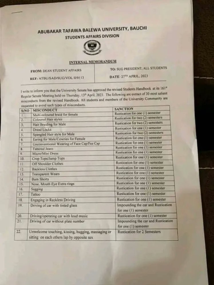 instablog9ja's tweet photo. See the Abubarkar Tafawa University memo that got people talking https://t.co/YTVoWCNsbW