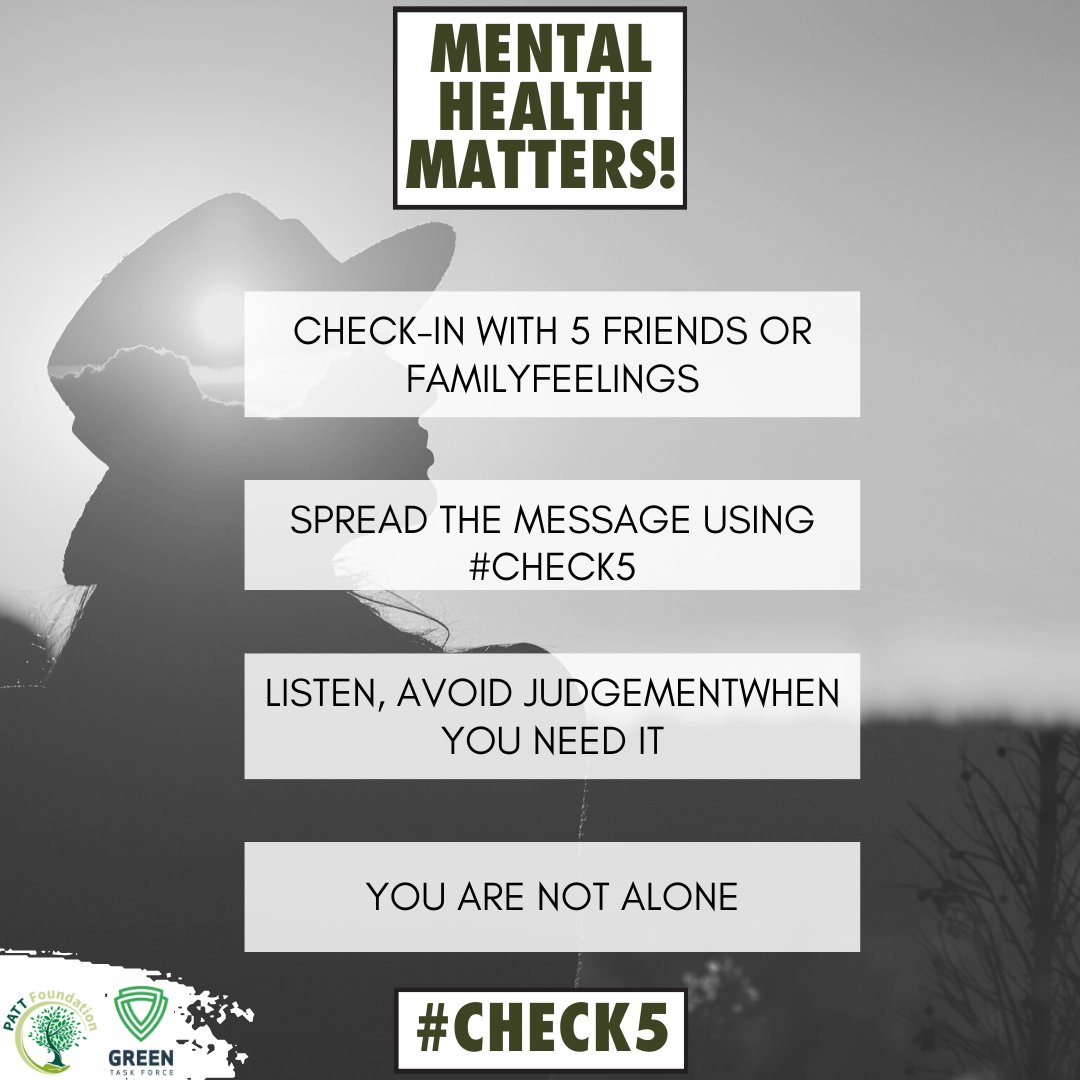 GreenTaskForce1's tweet photo. #MentalHealth is something we should be talking about daily.
👉It's okay to have many feelings
👉It's okay to seek help when you need it
👉Mental health problems are more common than you may think
👉You can reach out to your friends, family and comrades with #check5 https://t.co/GXm9GdXLFB
